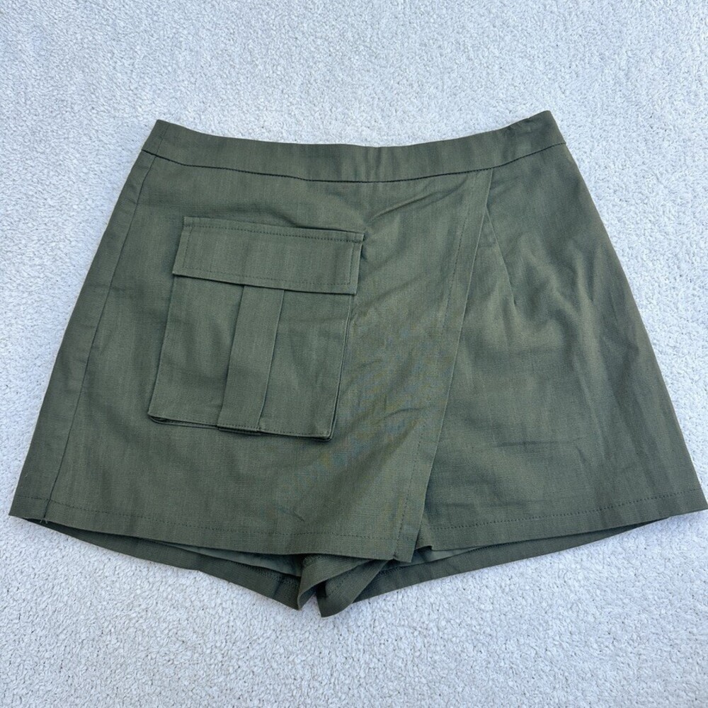 Boutique Olive Green Linen Blend Wrap Skort Cargo Pocket - Size S